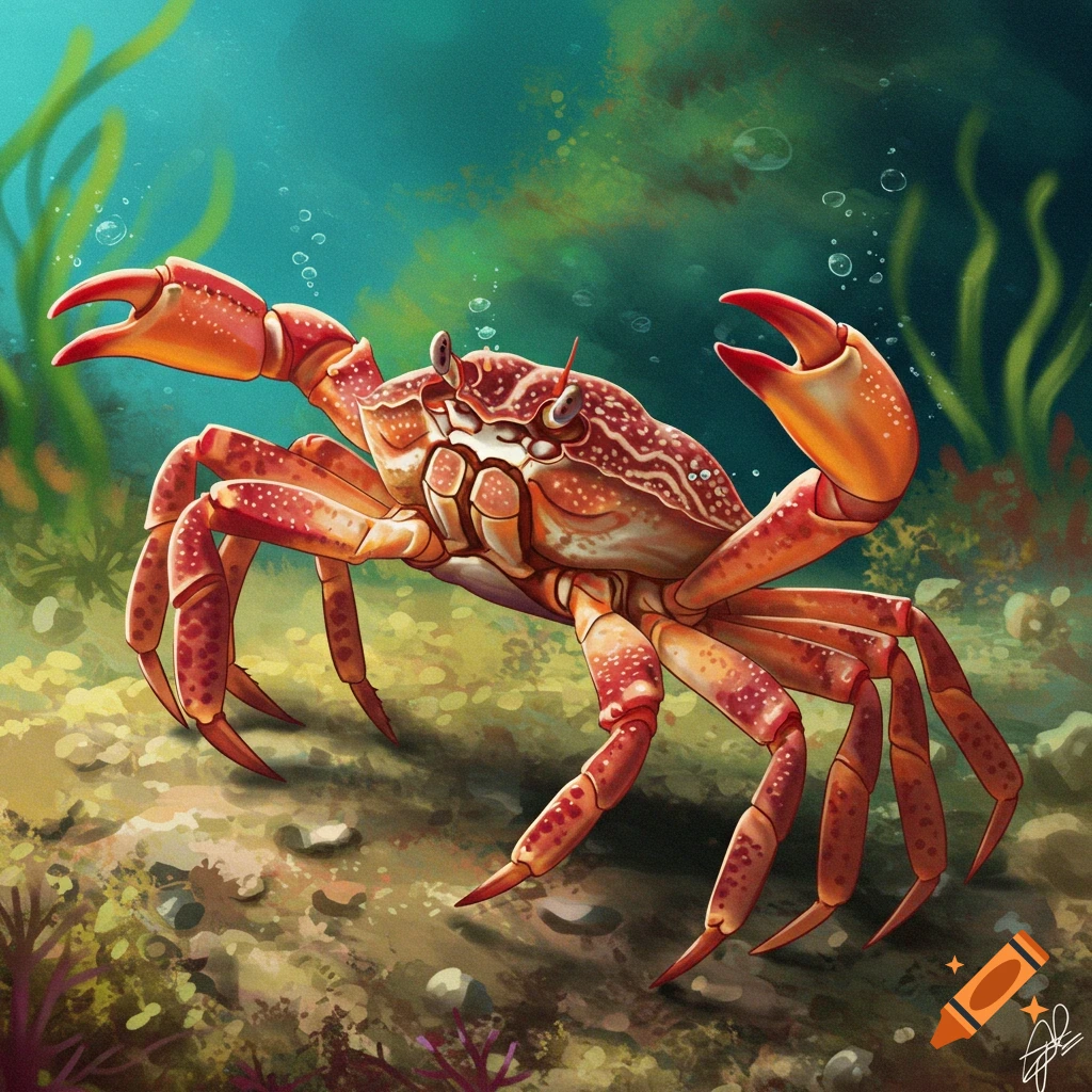 An illustration of a red crab on the seabed.