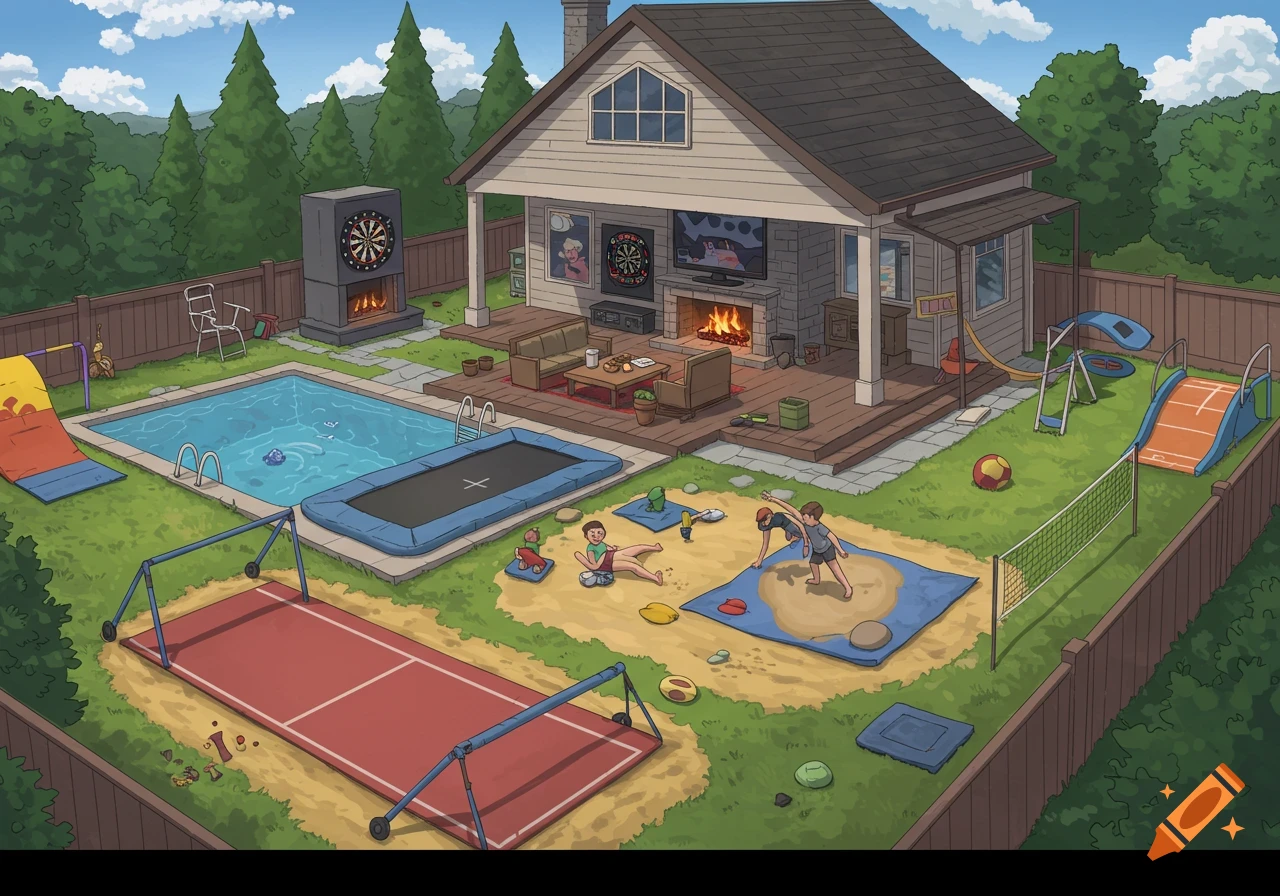 Illustrated view of a large house backyard with a pool, trampoline, play area, court, and covered patio.