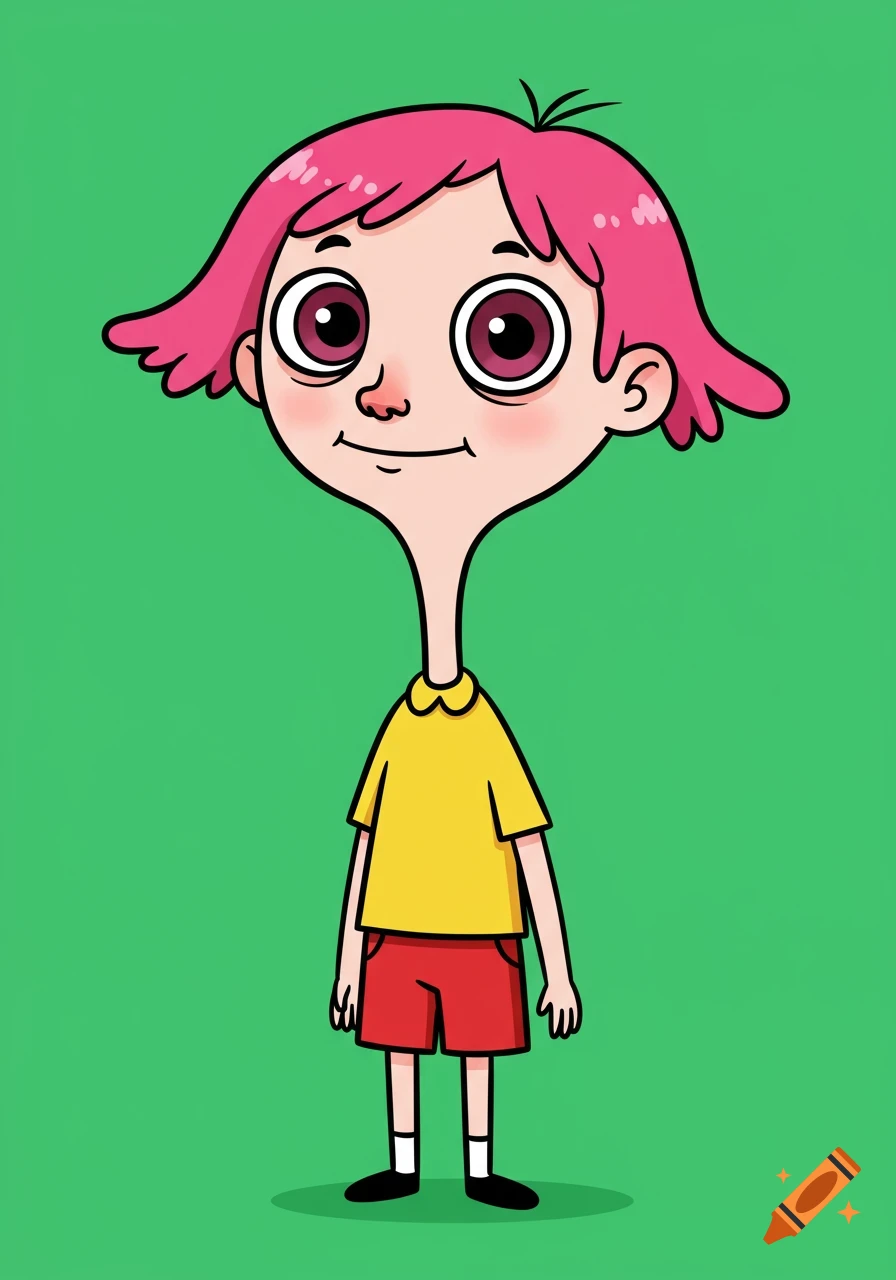 A cartoon character with pink hair, a yellow shirt, and red shorts stands on a green background.