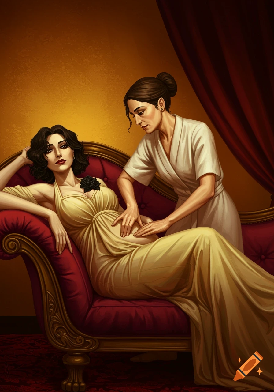 An illustration of a pregnant woman in a yellow dress laying on a red chaise lounge receiving a belly massage from another woman.