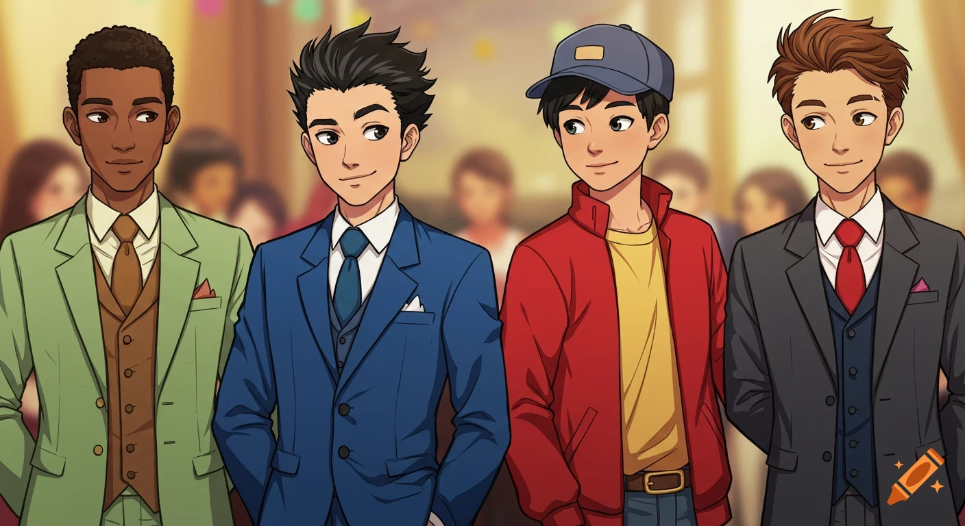 Four young men in anime style wearing suits and a jacket at a formal event.