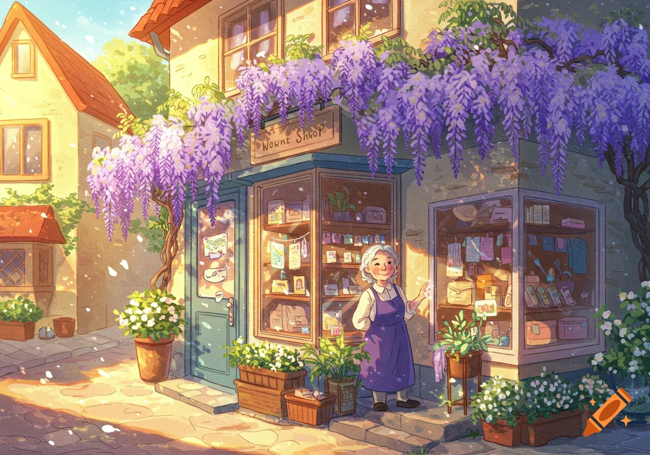 An old woman stands outside a quaint shop with wisteria vines blooming overhead, illustration style.