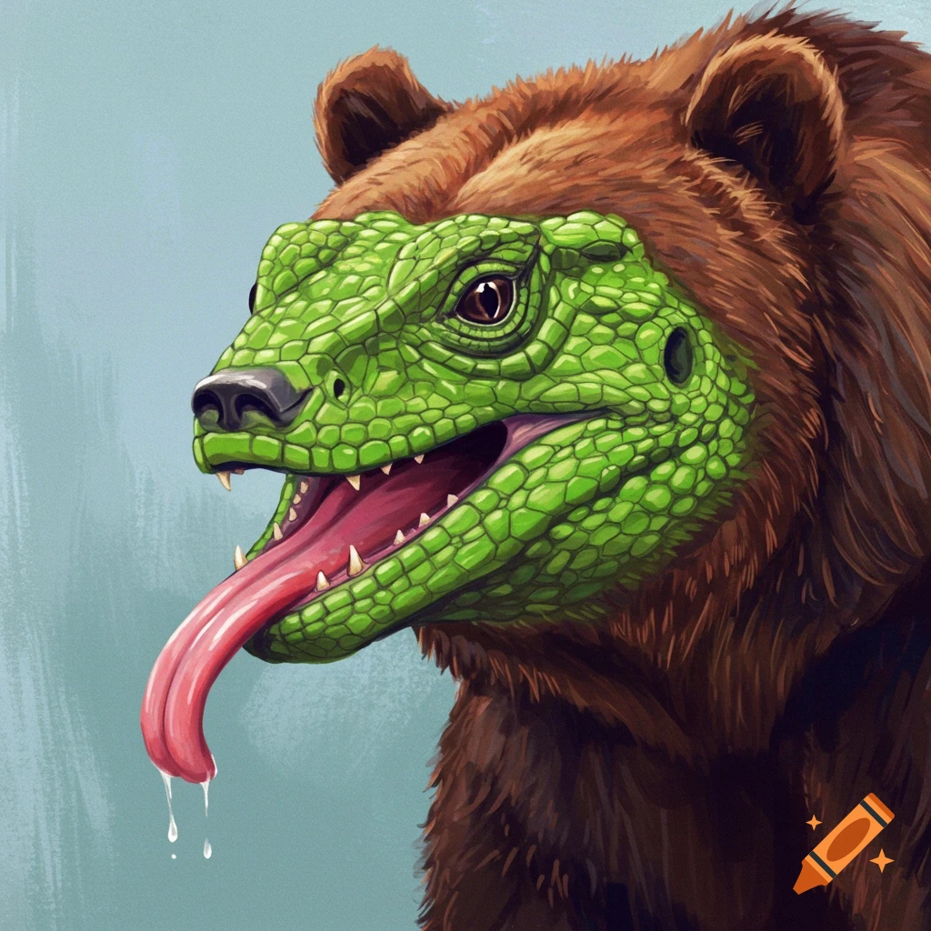 Illustration of a creature with a bear's body and a green lizard's head, sticking out a long tongue.
