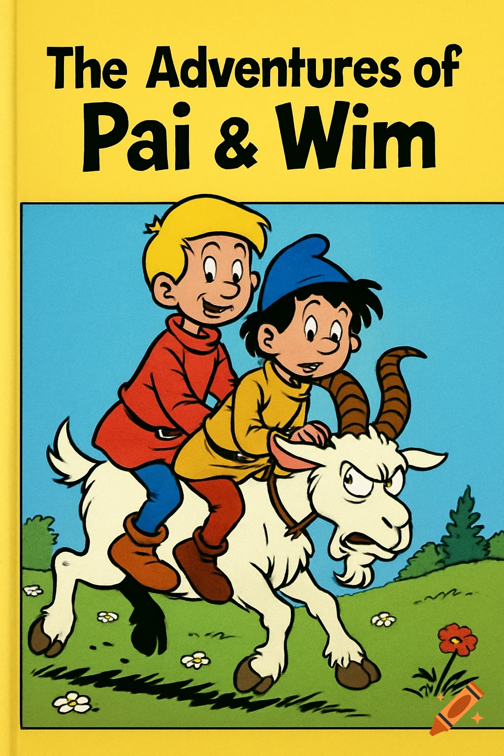 Cartoon cover for a children's book titled 'The Adventures of Pai & Wim' featuring two children riding a goat.