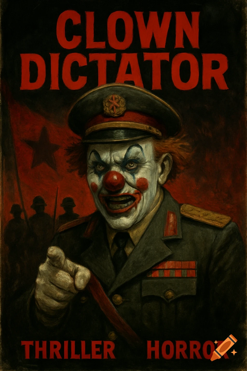 Movie poster of a scary clown dictator in military uniform pointing forward, with text 'CLOWN DICTATOR THRILLER HORROR'.