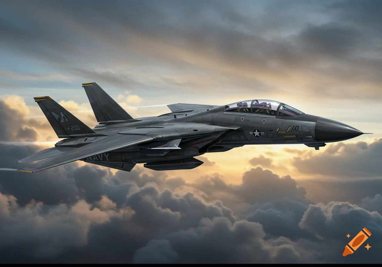 A military jet fighter flies through clouds at sunset.