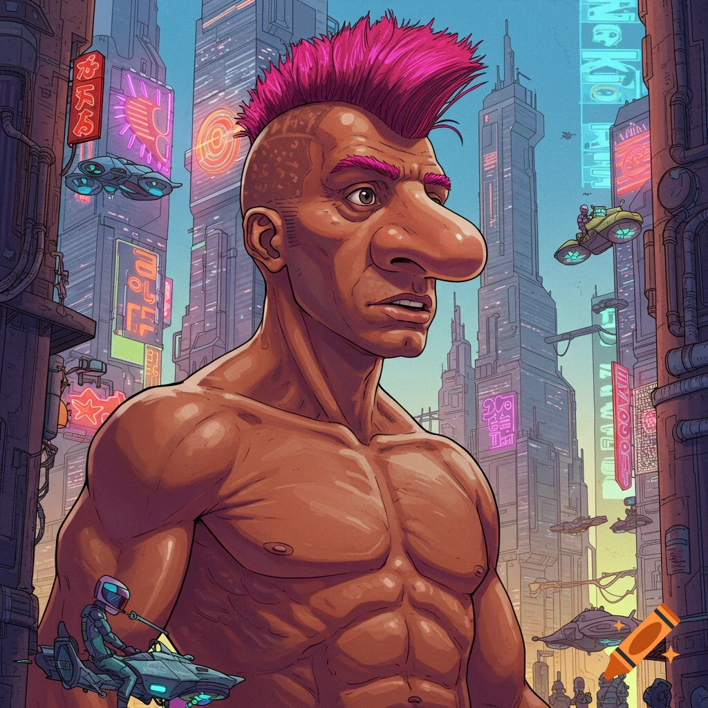 Stylized illustration of a bare-chested man with a big nose and pink mohawk in a futuristic city.
