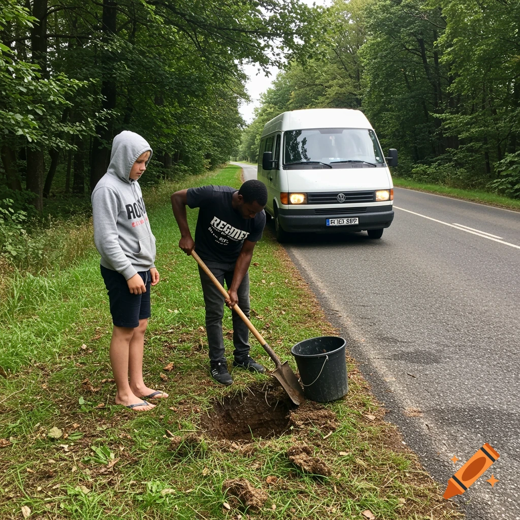 Two people dig a hole by a road next to a white van.