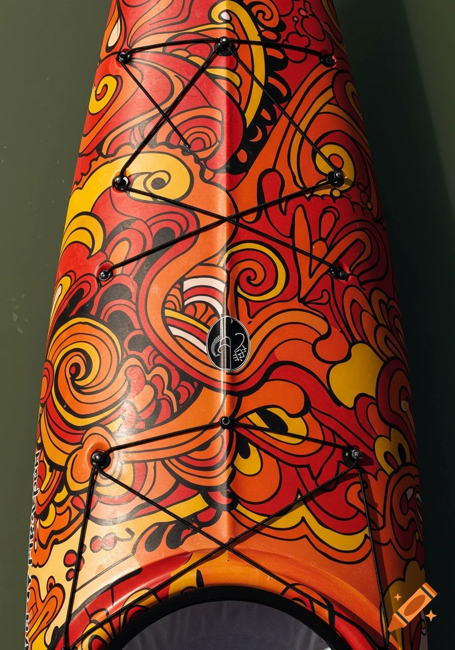 Close-up of the top of a kayak covered in a red, orange, yellow, and black doodle art pattern.