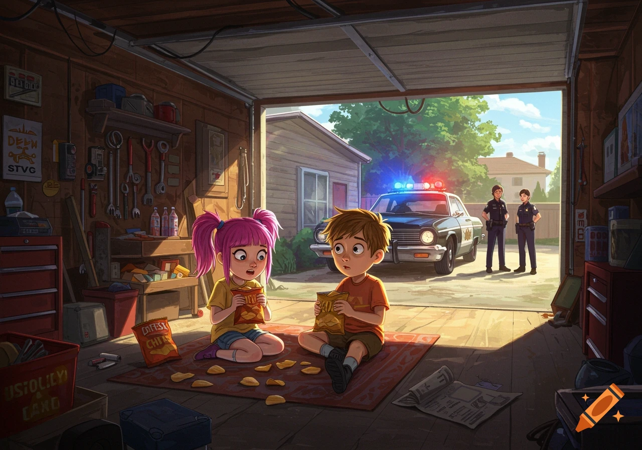 Illustration of two kids eating chips in a garage as a police car and officers arrive outside.