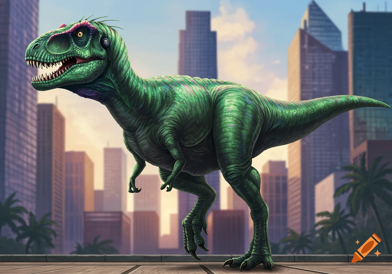 A green dinosaur stands on a city street.