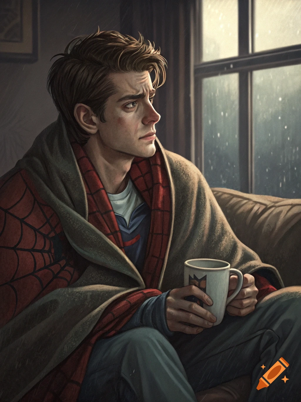 Digital painting of Peter Parker (Andrew Garfield) wrapped in a blanket, looking out a window at rain.