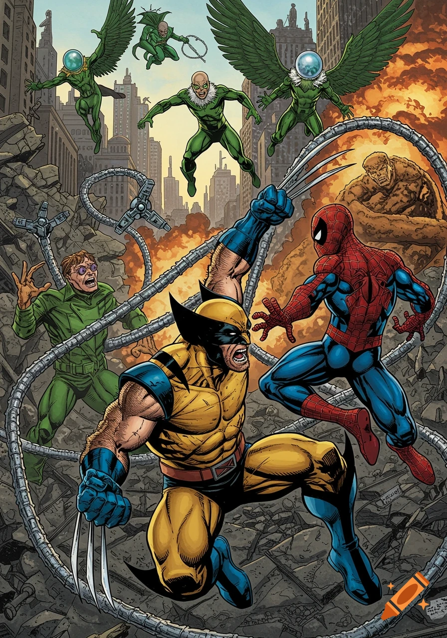 Comic book art of Wolverine and Spider-Man fighting Doctor Octopus, Sandman, Mysterio, Vulture, and Chameleon in a ruined city.