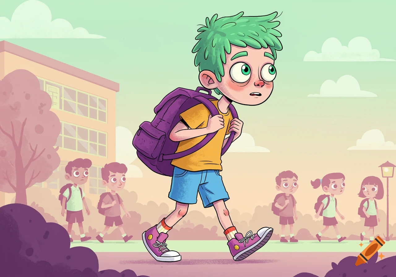Cartoon illustration of a boy with green hair and a backpack walking towards a school building, with other kids in the background.