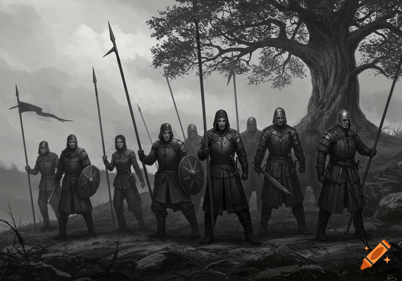 A group of grim fantasy soldiers in dark armor holding spears and swords stand before a large tree.