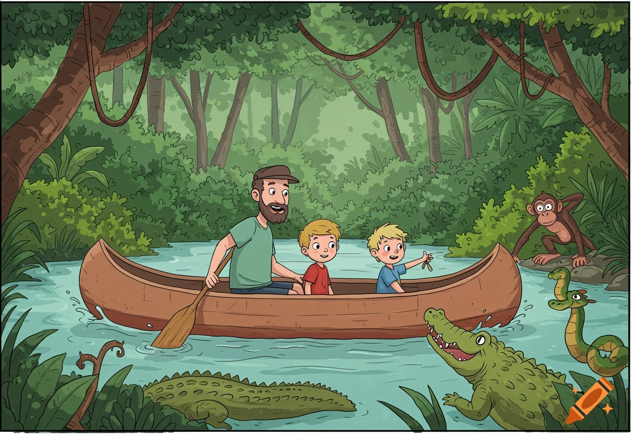 Cartoon illustration of a father and two sons in a canoe on a jungle river with crocodiles, snakes, and a monkey.