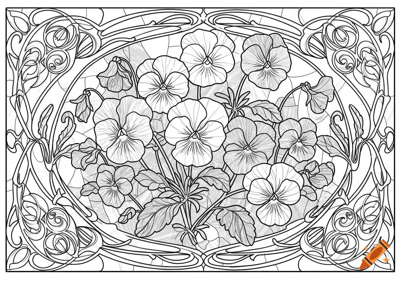 Black and white line art illustration of pansies in an ornate art nouveau frame.