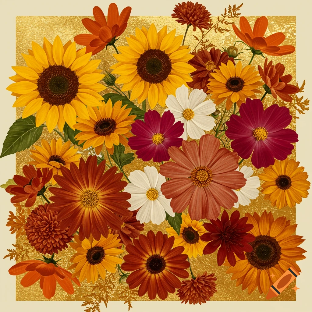 A vibrant collage of sunflowers, cosmos, dahlias, and other fall flowers against a gold background.