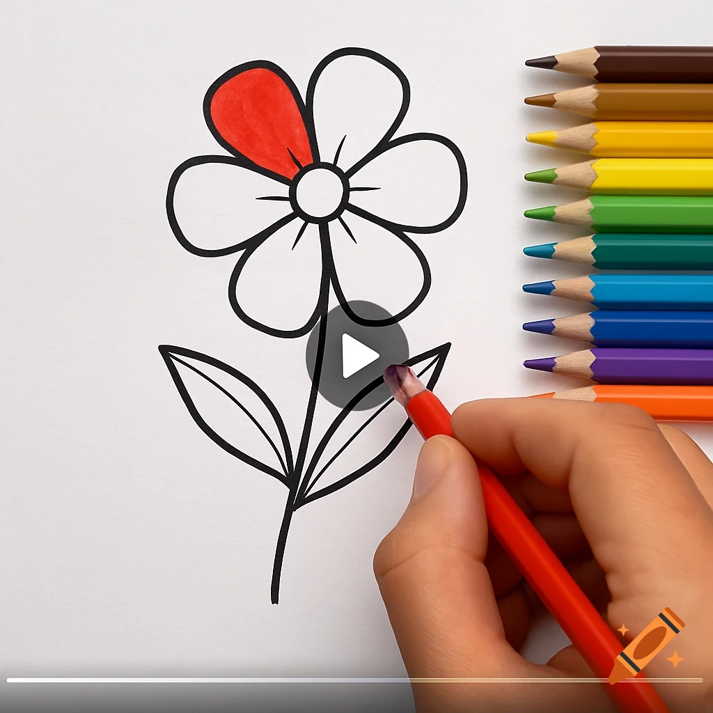 Hand coloring a simple flower drawing with a red pencil, with colored pencils nearby.