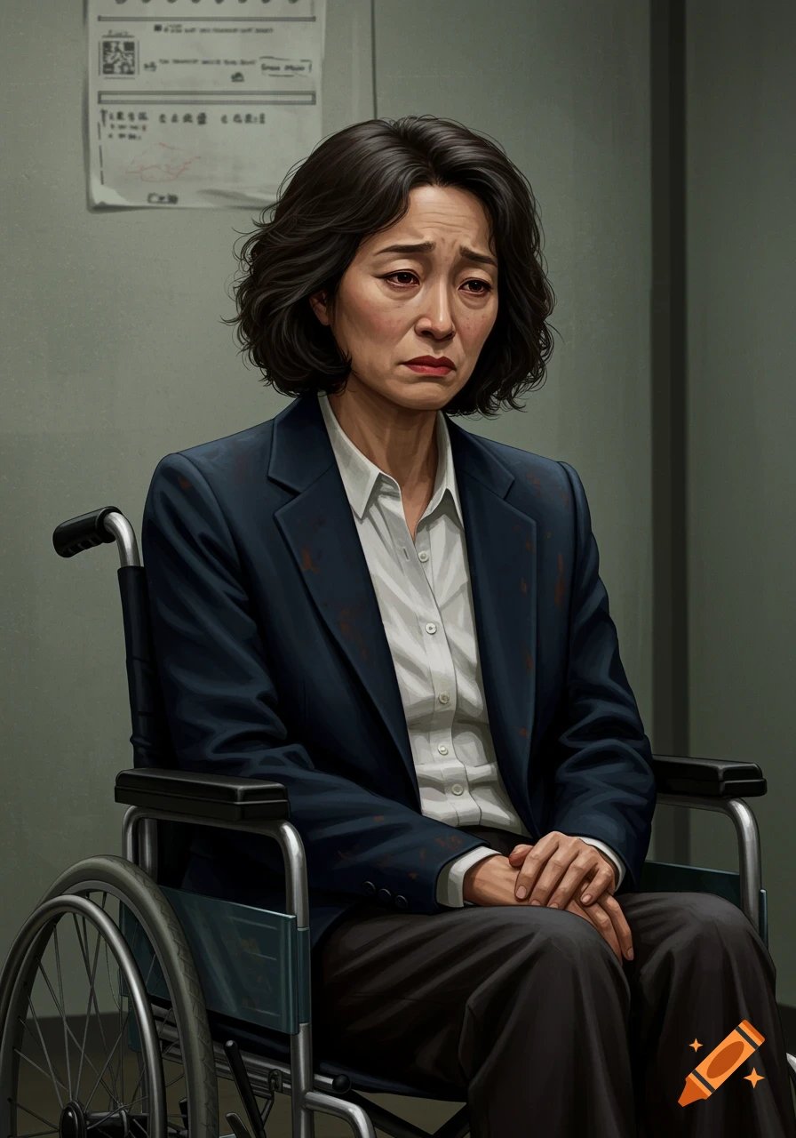 Portrait of a sad woman in a wheelchair wearing a suit.