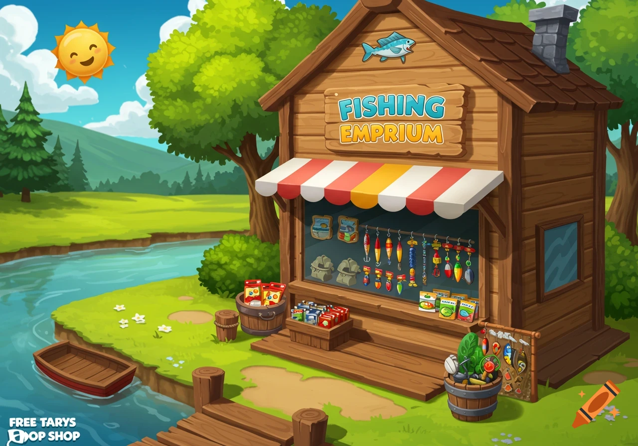 Cartoon illustration of a fishing shop by a river with a boat.