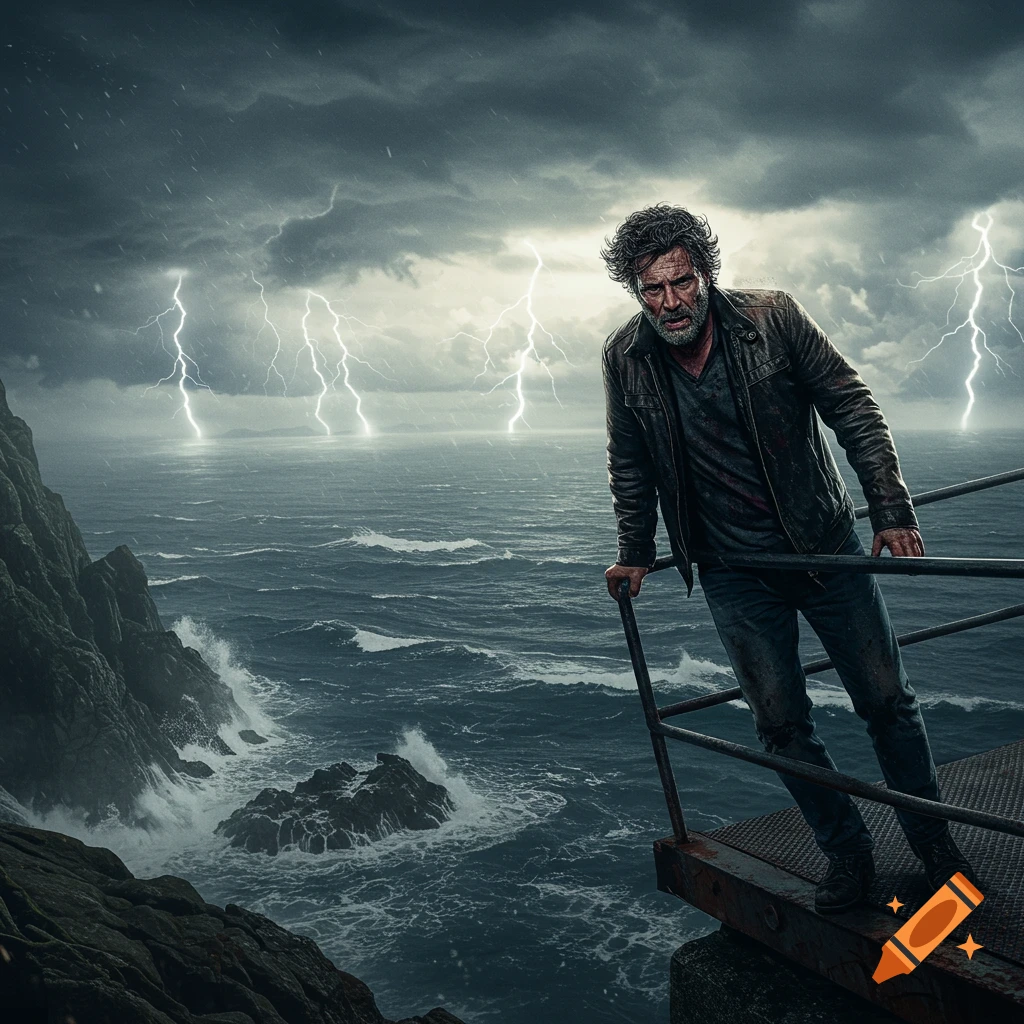 Man standing on a ledge overlooking a stormy sea with lightning.