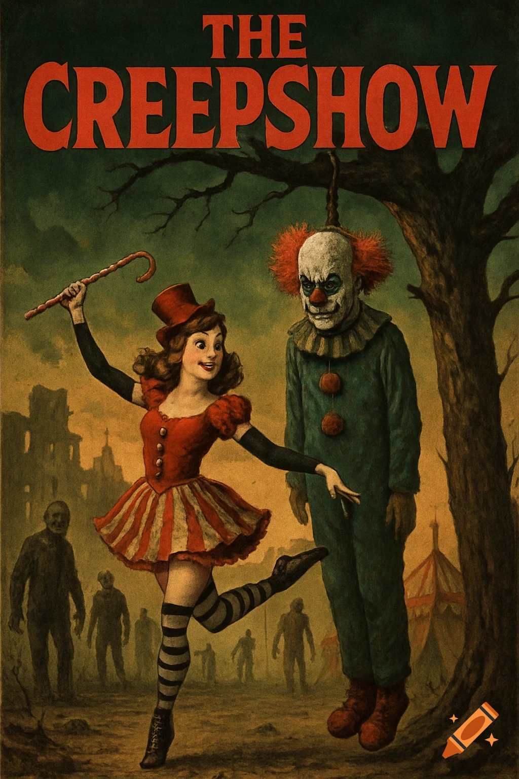 Movie poster featuring a dancing circus girl near a hanging clown with zombies in a post-apocalyptic landscape.