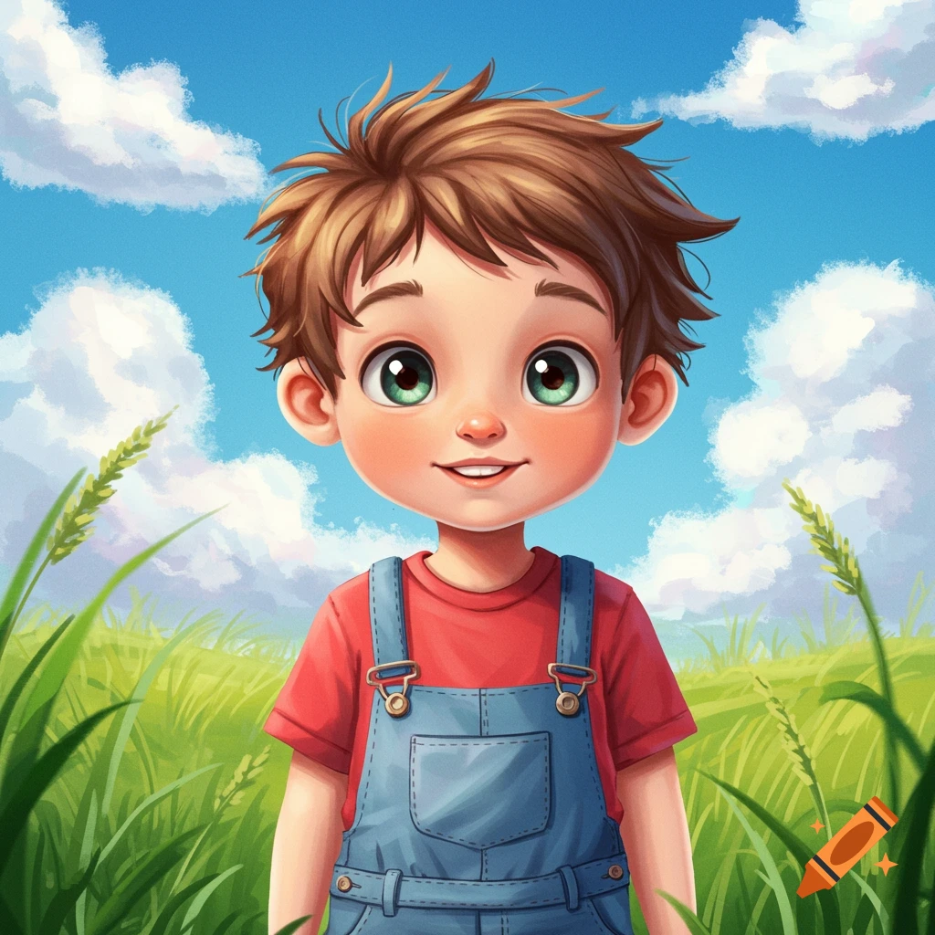 Cartoon illustration of a cute boy with big green eyes wearing overalls, standing in a field.
