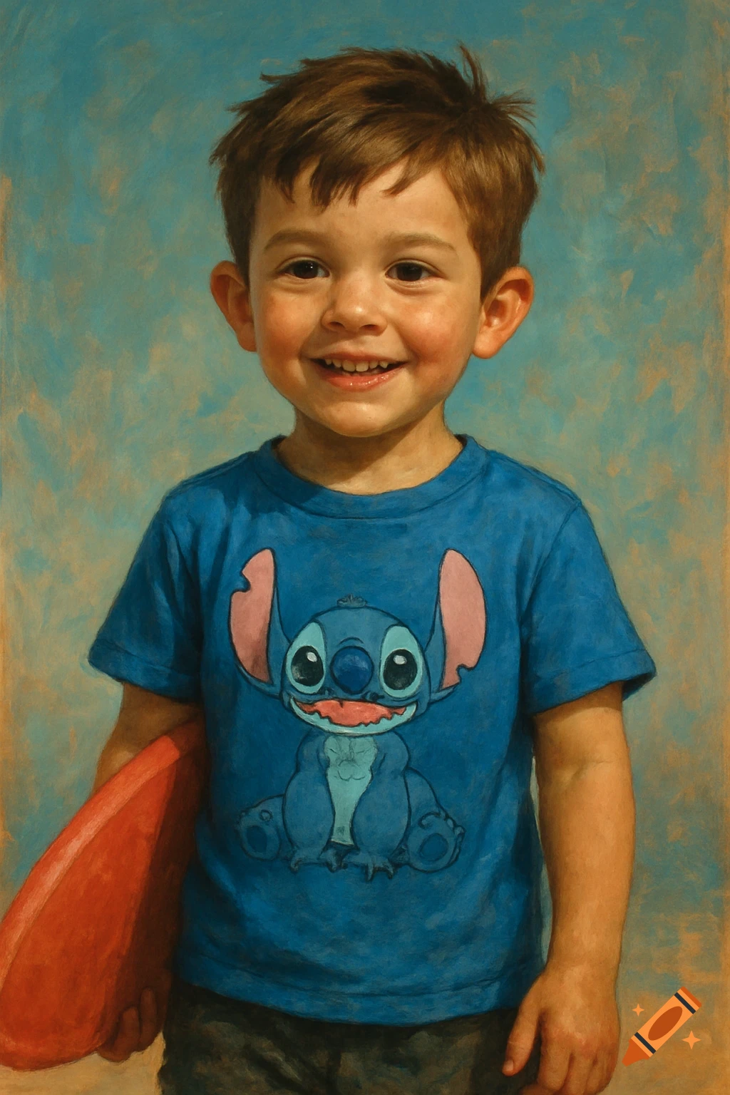 A painted portrait of a smiling young boy wearing a blue t-shirt with a Stitch character.