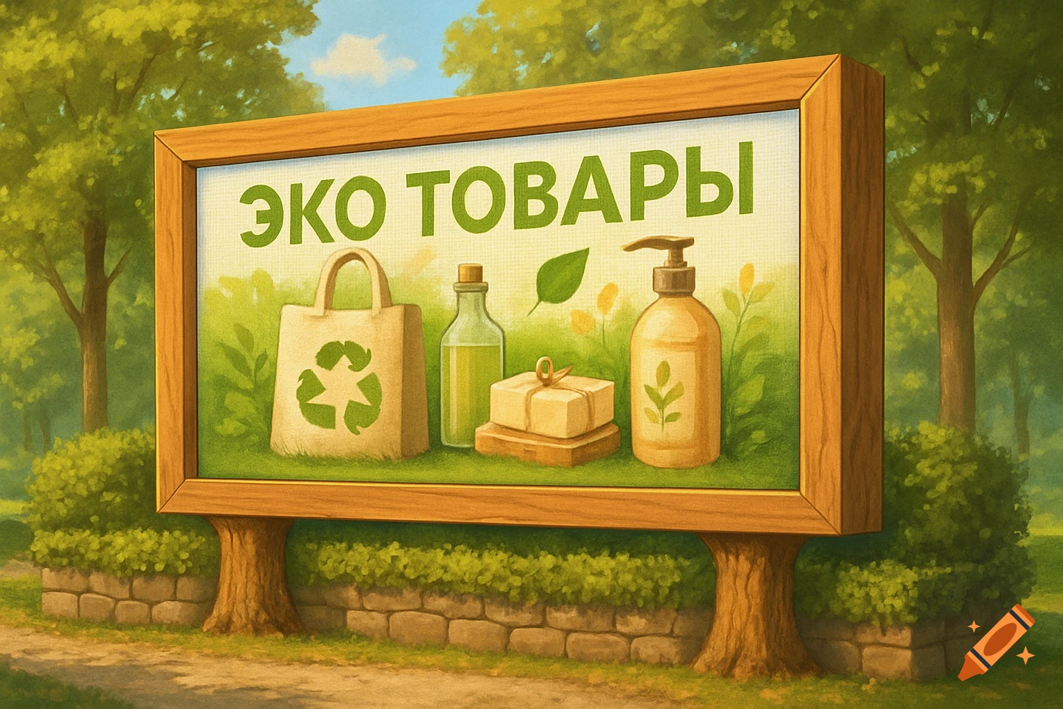 A billboard advertising eco-friendly products stands in a park setting, painterly style.