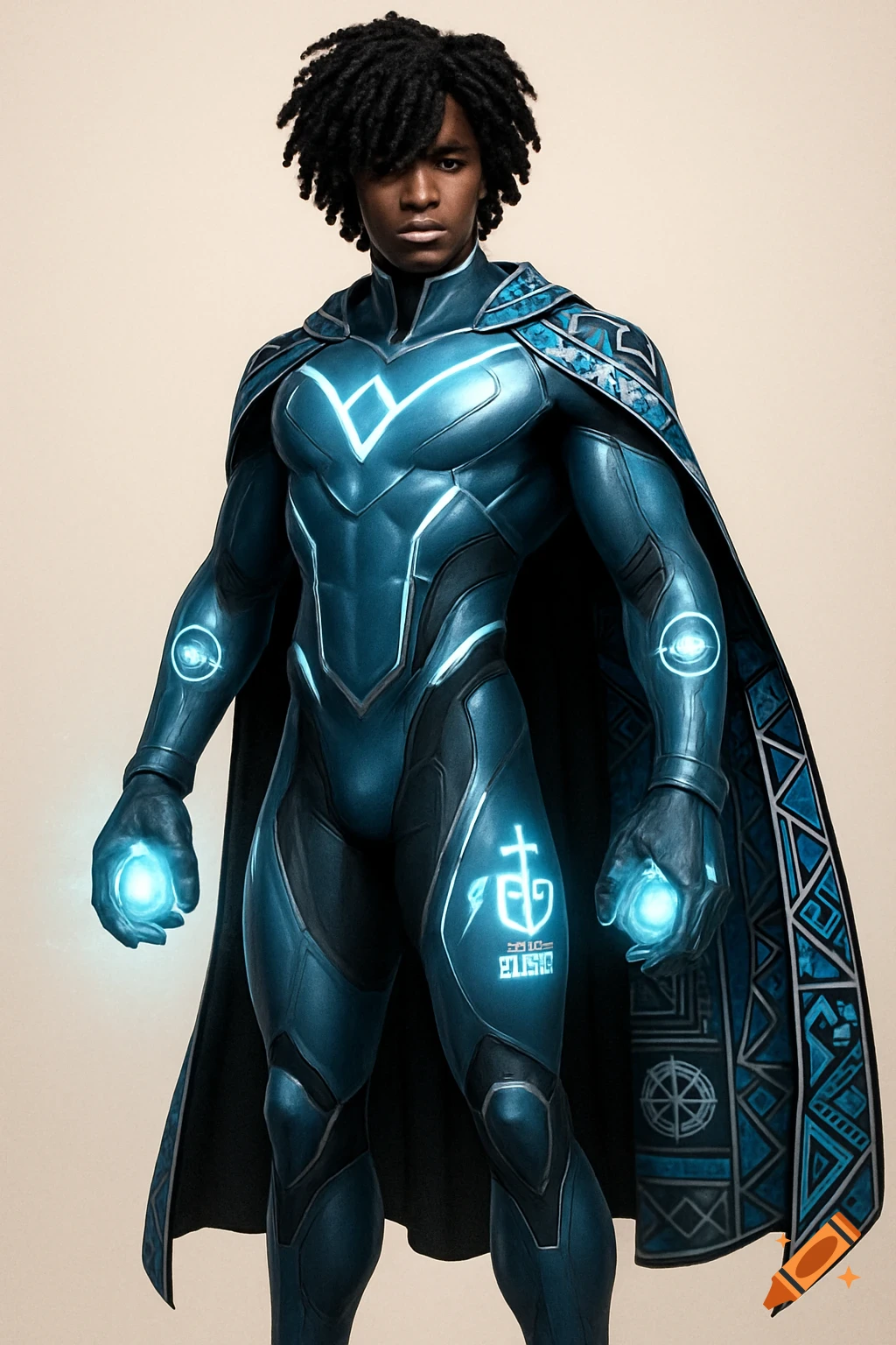 A young Black man in a blue superhero suit with glowing accents and cape, holding glowing orbs.
