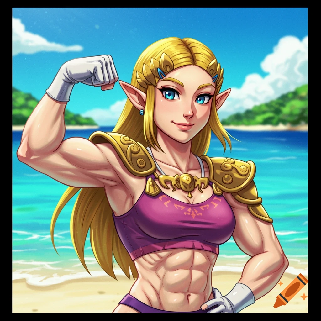 Princess Zelda flexing her biceps on a beach in an anime illustration style.