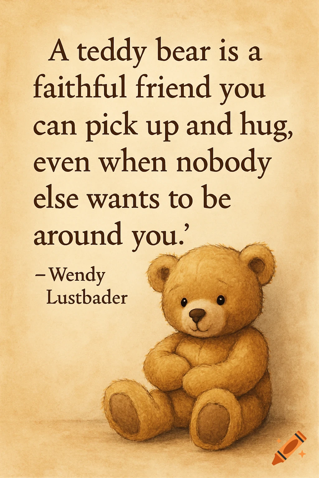 Illustration of a teddy bear sitting below a quote about friendship on a textured background.