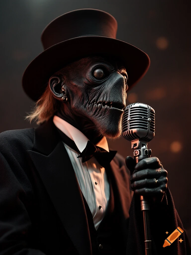 Creature resembling Plo Koon in a tuxedo singing into a vintage microphone.