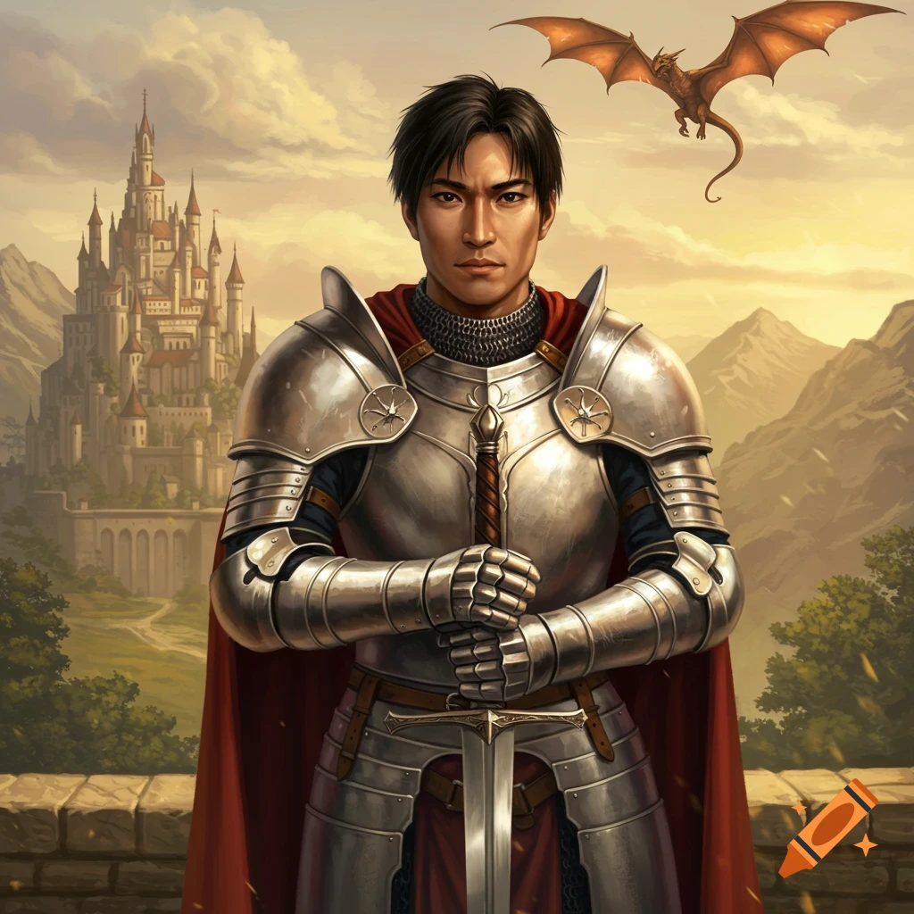 A knight in shining armor holding a sword stands in front of a castle with a dragon flying overhead.