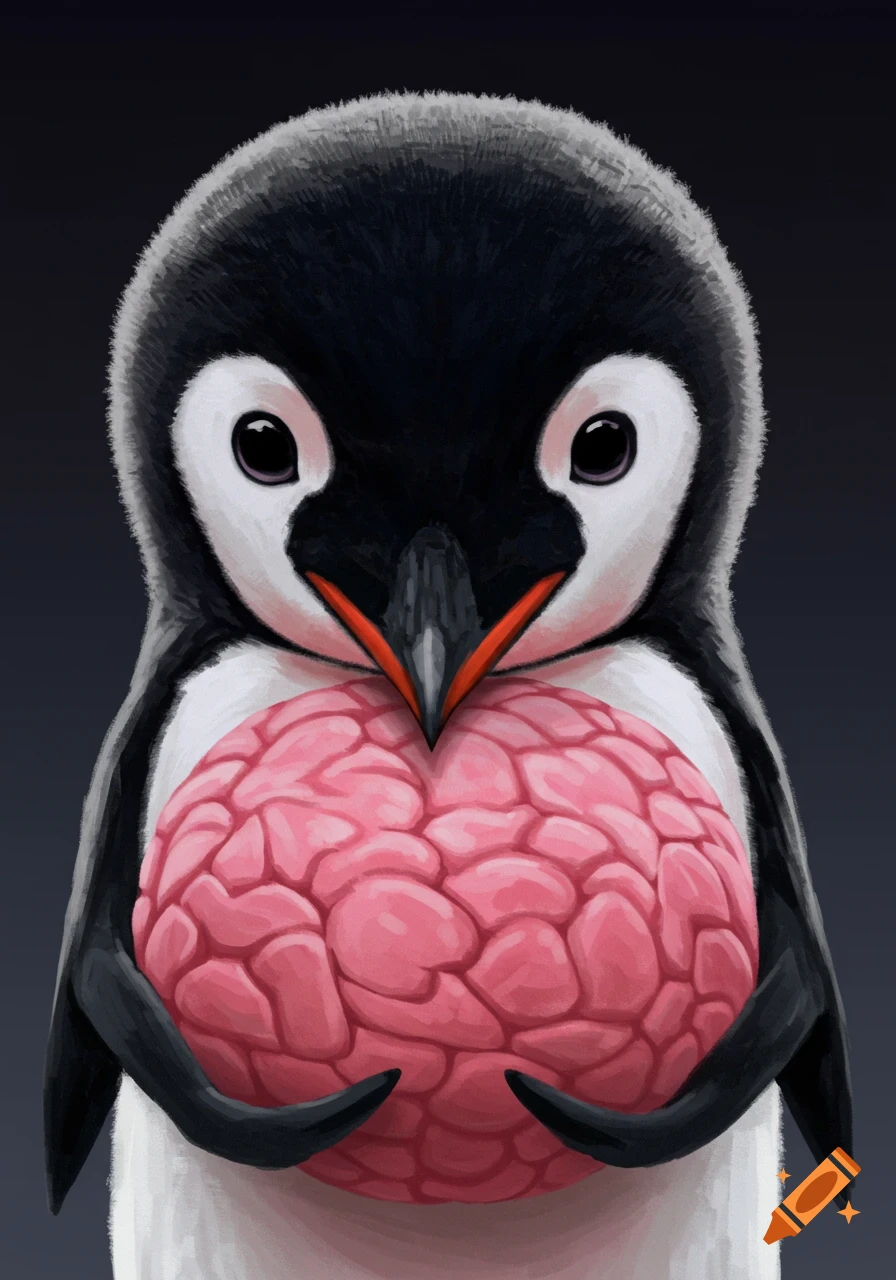 Close up digital painting of a fluffy baby penguin holding a pink brain or heart
