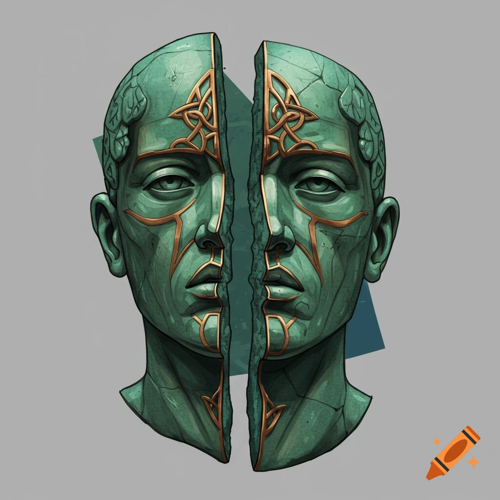 A green stone bust of a head, split vertically, with golden Celtic knot designs and cracks.