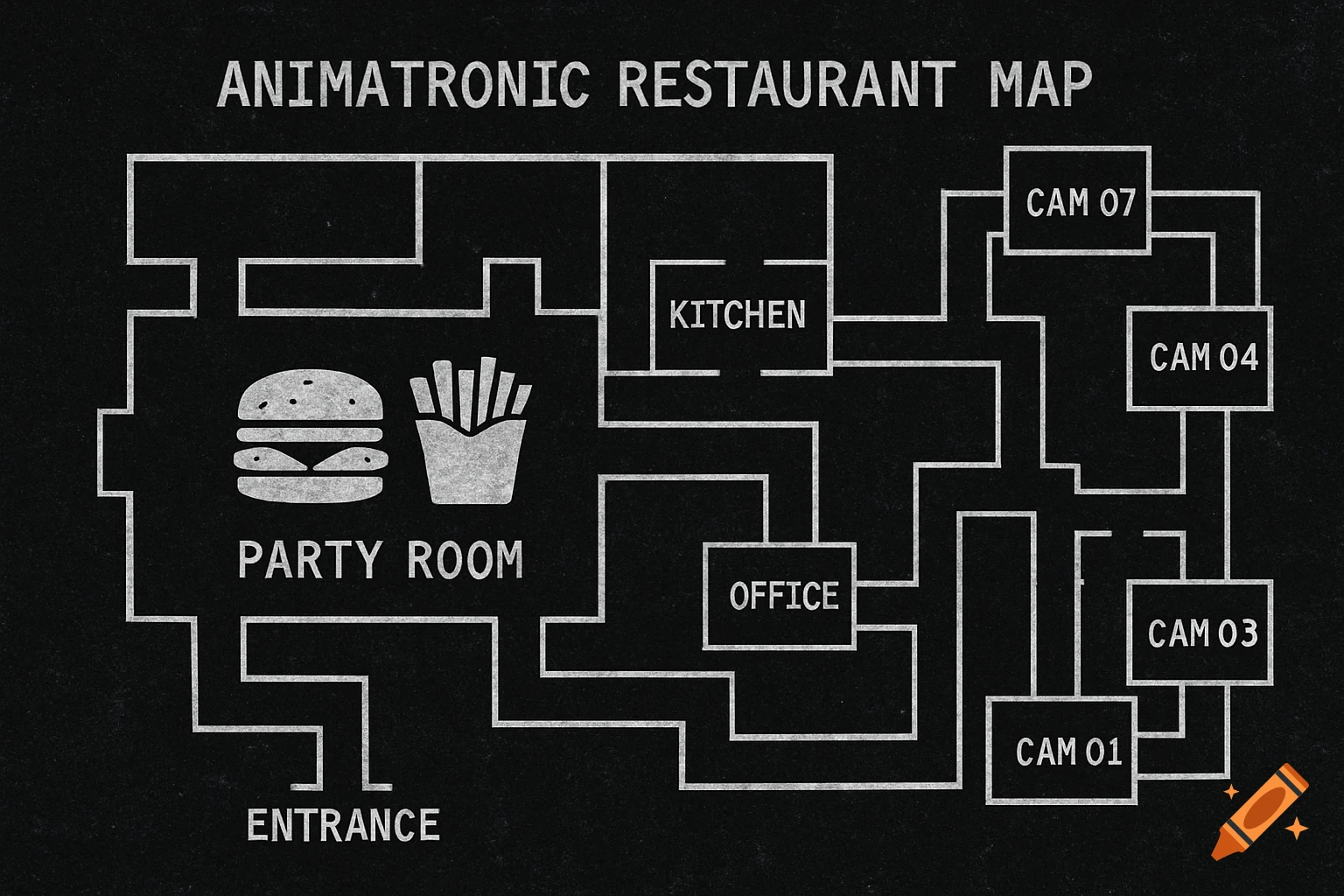 Blueprint map of an animatronic restaurant with labeled rooms and camera locations.