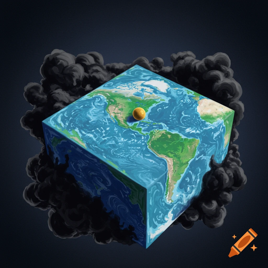 A cubic Earth surrounded by dark clouds with a small sun