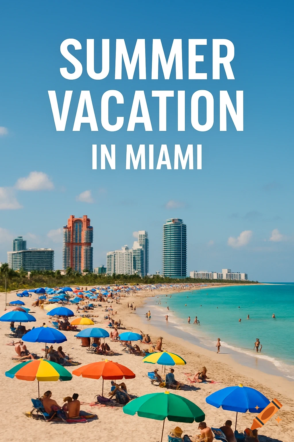 A Miami beach packed with people, colorful umbrellas, city buildings, and text overlay reading 'SUMMER VACATION IN MIAMI'.