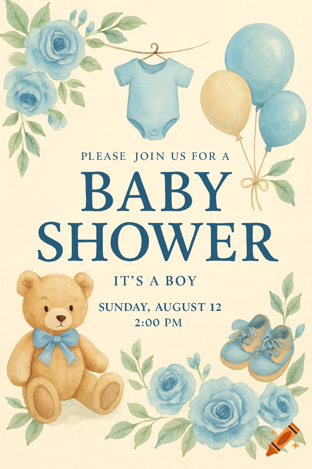 Watercolor baby shower invitation with a teddy bear, blue roses, balloons, and text.