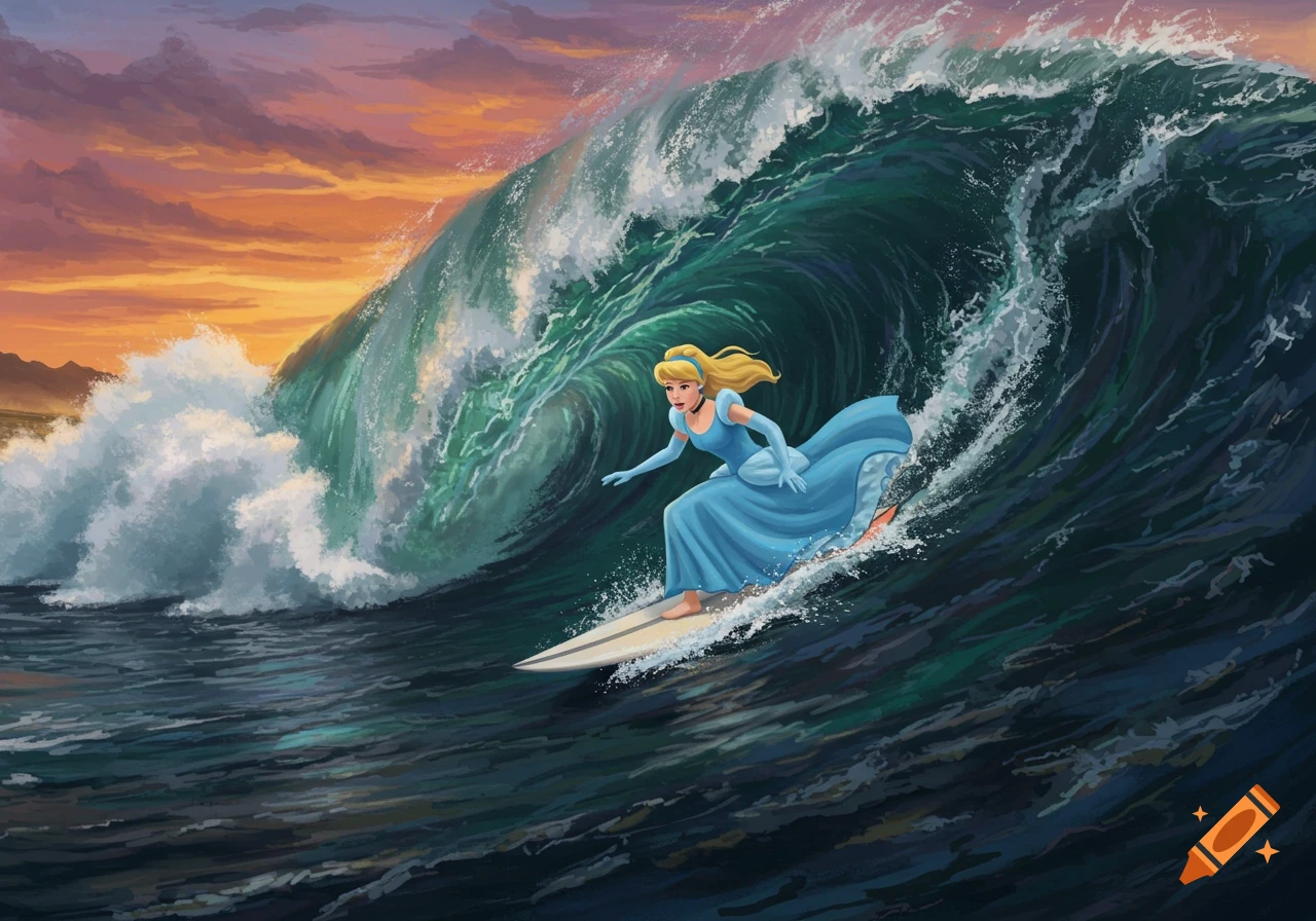 Cinderella in a blue dress surfing a large wave at sunset