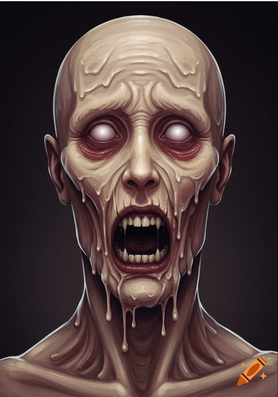 Close-up of a horror demon's melting face with white eyes and open mouth