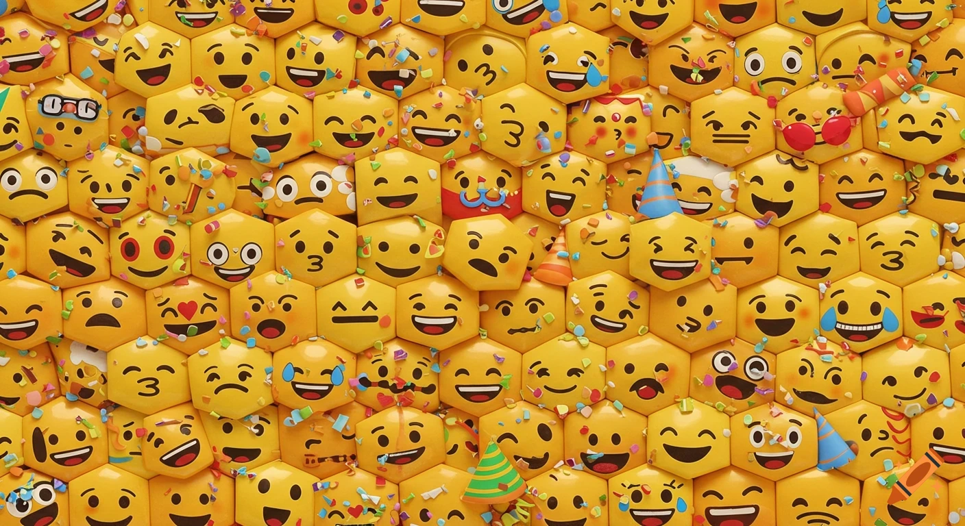 A dense pattern of hexagonal yellow emojis with different expressions, covered in confetti.