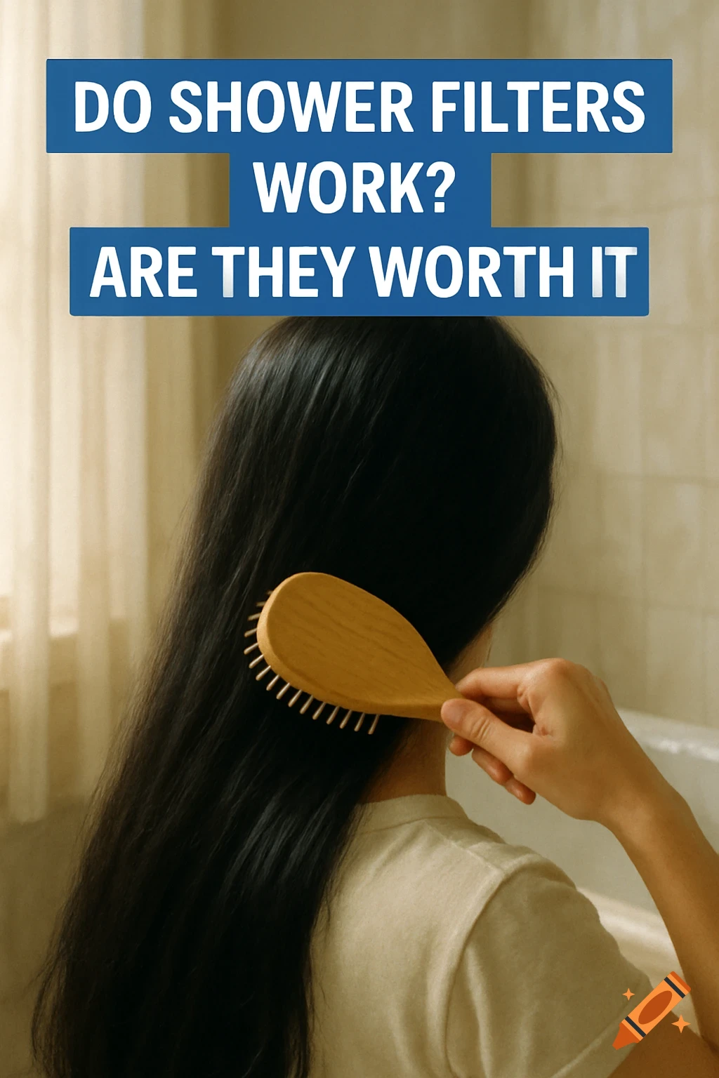 Person brushing long dark hair with a wooden brush, with text about shower filters.