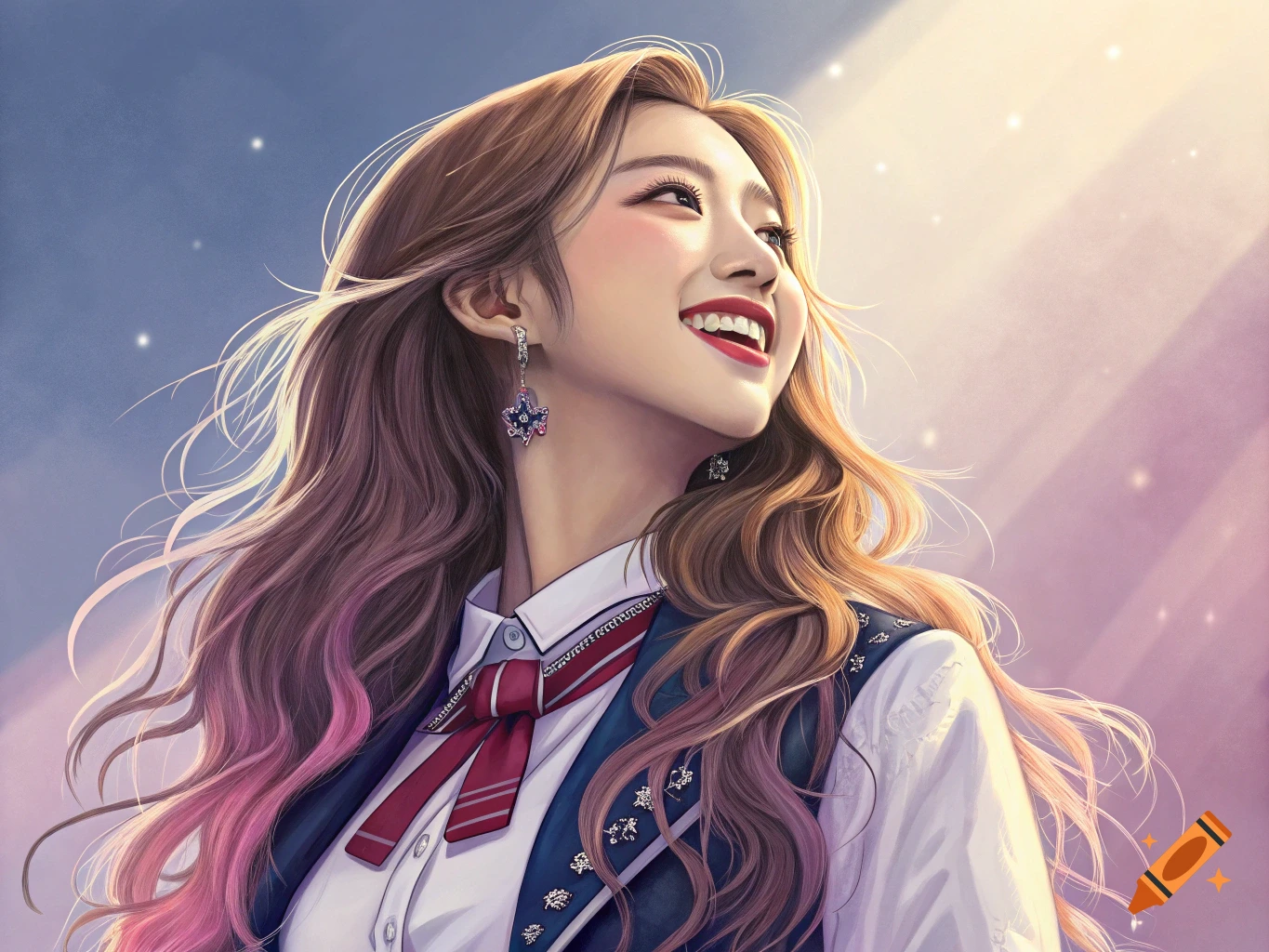 Digital art portrait of a young woman smiling, wearing a uniform, with sunlight and stars in the background.