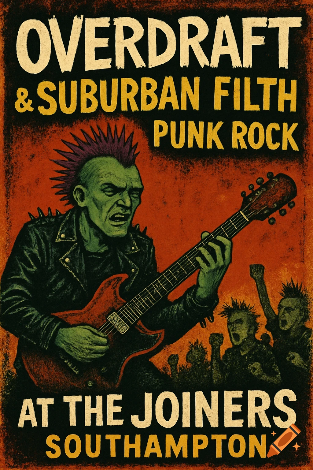 Punk rock gig poster with green-skinned musician playing guitar before a crowd.