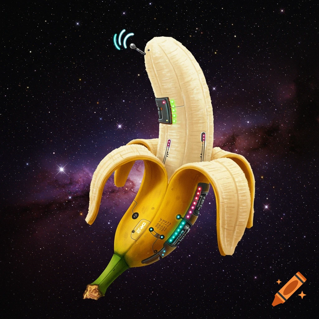 A peeled banana modified with tech components floats in space.