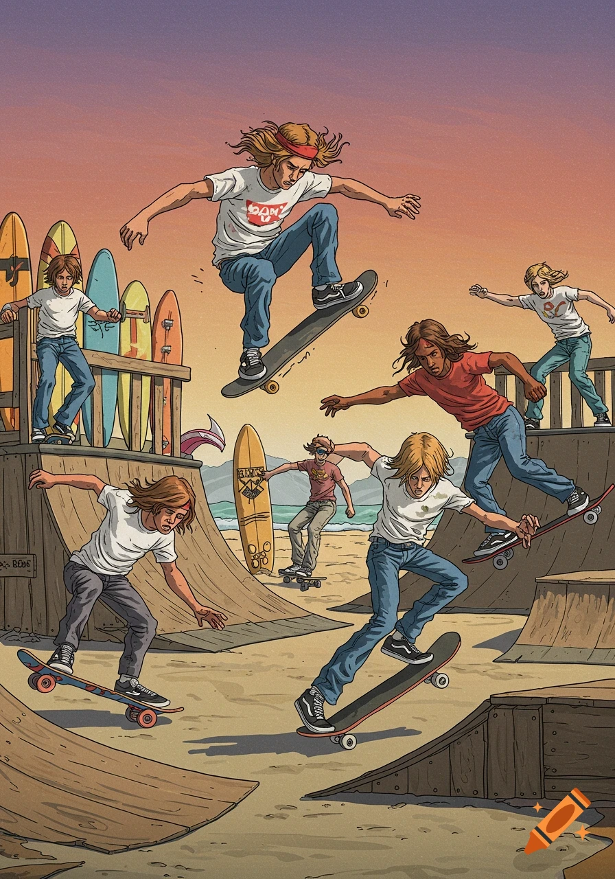 Illustration of several young people skateboarding and surfing at a beach skatepark.