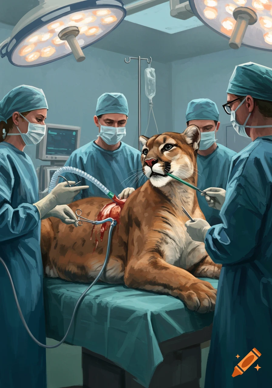 A cougar animal lies on an operating table while several surgeons perform surgery on it.